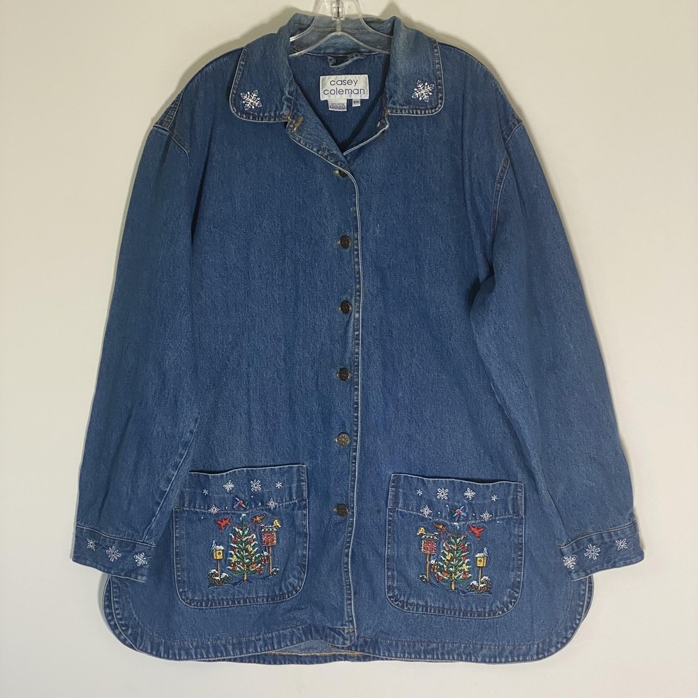 Casey Coleman Jacket Womens Plus 2X Blue Denim Embroidered Christmas Birdhouse